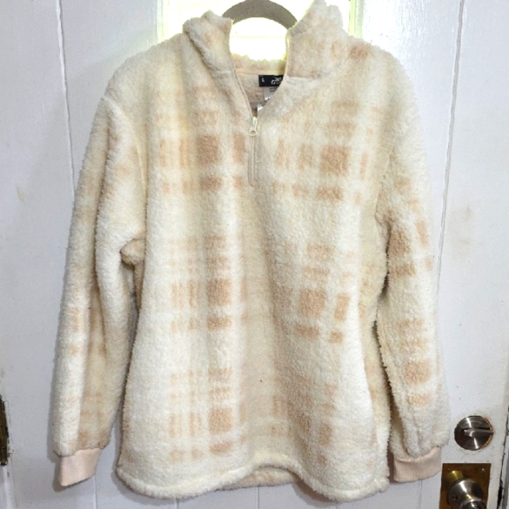 Crane Womens Sherpa 1/4 Zip Hooded Jacket Shirt Cream/Tan Plaid Pockets Sz L EUC